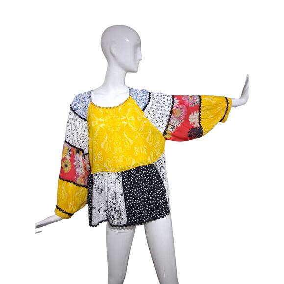 John Mark Patchwork Boho Women's Large Cottagecore Balloon Sleeve Crochet Top - Picture 2 of 9